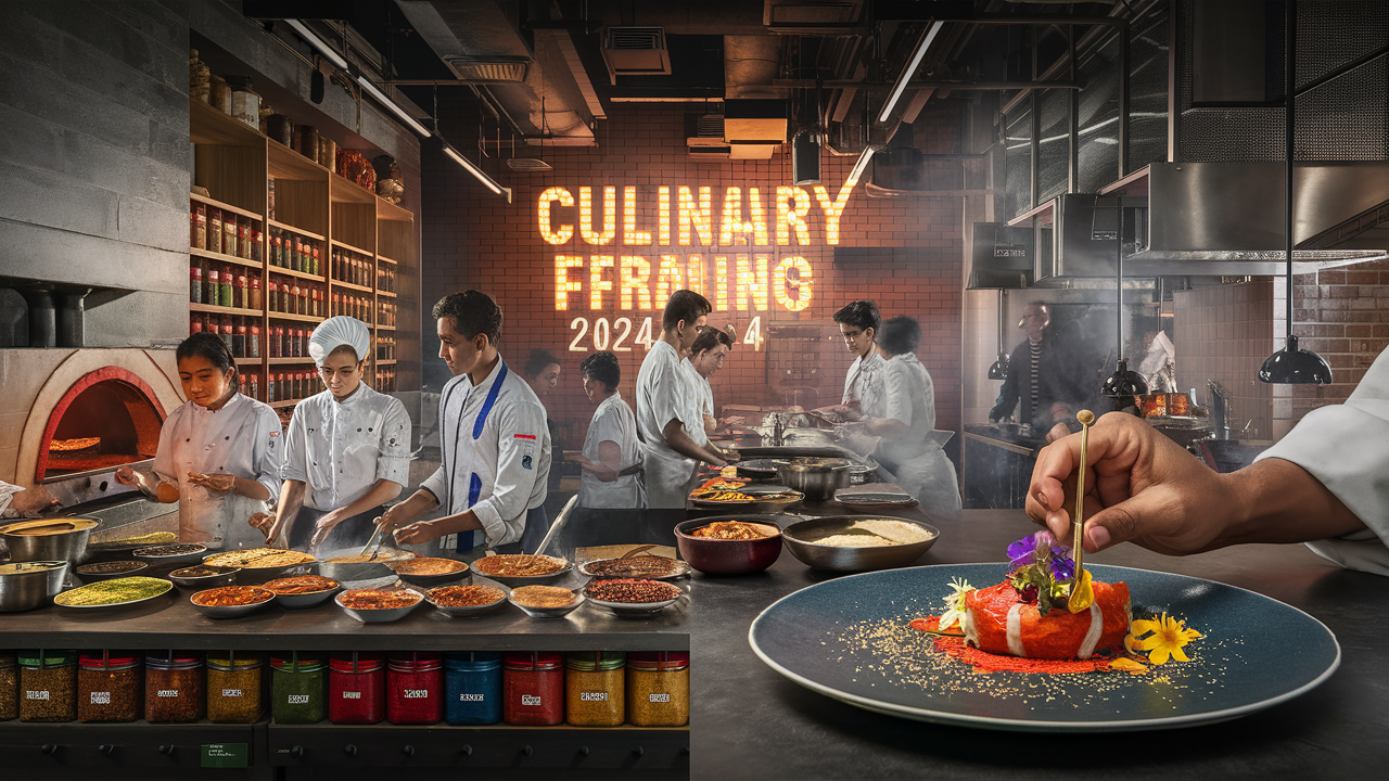 Create a cinematic image showcasing the vibrant culinary world of India in 2024. The scene should feature a bustling kitchen with young chefs in action, preparing a variety of colorful and aromatic dishes. Include elements that represent both traditional and modern Indian cuisine, such as a tandoor oven, spice racks, and beautifully plated gourmet dishes. The background should hint at a contemporary restaurant setting, blending the rich cultural heritage with modern culinary innovation. The overall atmosphere should be lively and dynamic, capturing the essence of India's diverse and thriving food scene.