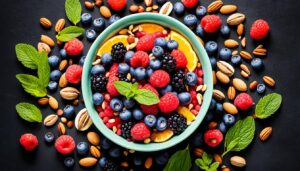 A colorful bowl of mixed berries and nuts, with the berries appearing juicy and ripe and the nuts varied in texture and color. Surround the bowl with sprigs of mint and slices of citrus fruits.