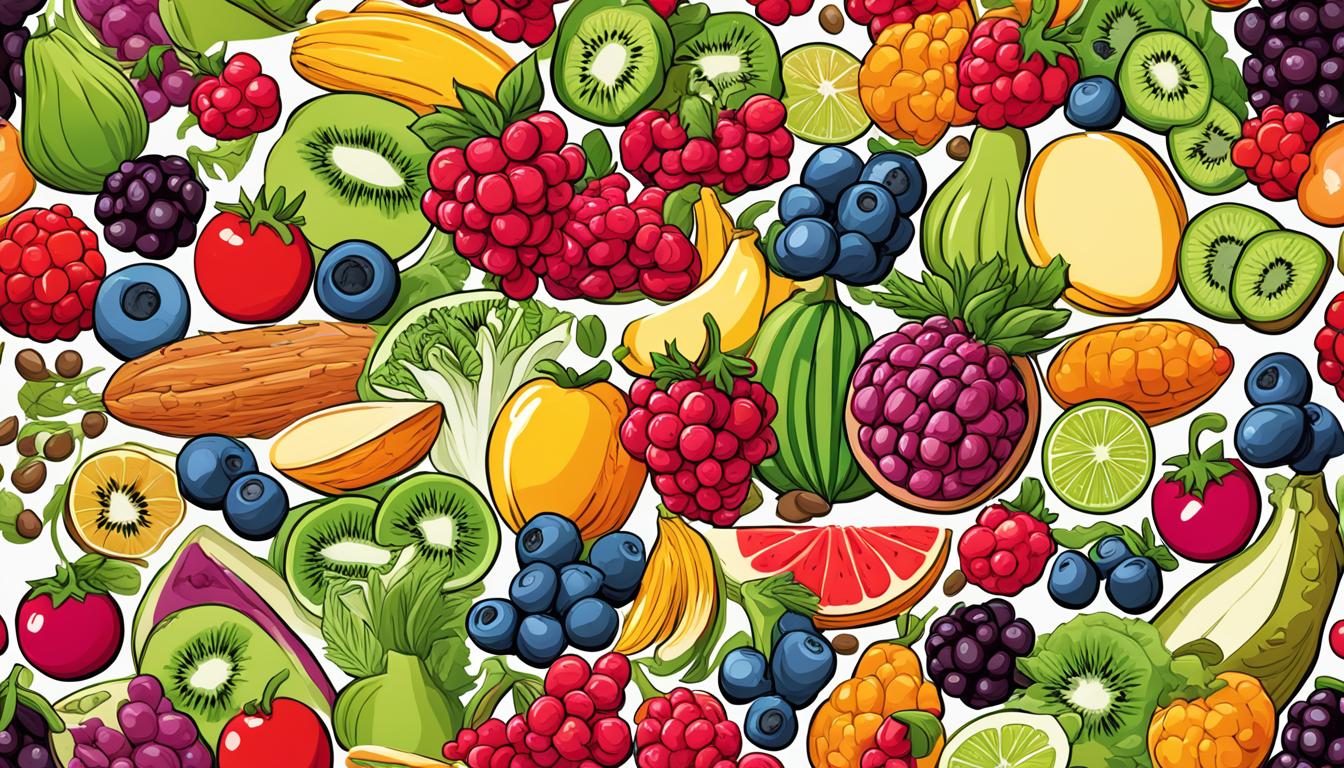 A vibrant array of fruits and vegetables with different textures and colors, all representing excellent sources of fiber. Include examples like raspberries, kiwis, lentils, and artichokes. Make sure to showcase the diversity of fiber types and textures, from crunchy to chewy to mushy.